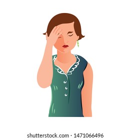 Cute tired mother in green dress cover her face