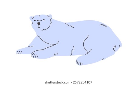 Cute tired polar bear lying. Amusing sleepy white animal of North Pole has a rest. Funny arctic beast, furry character of frost Antarctica, cold tundra relaxes. Flat isolated vector illustration