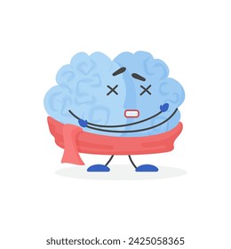 Cute tired sad blue human brain in scarf, character sick with cold and flu vector illustration