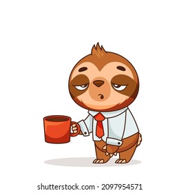 A cute tired sloth stands and holds a cup of coffee. Office worker at work. Vector illustration for designs, prints and patterns. Vector illustration