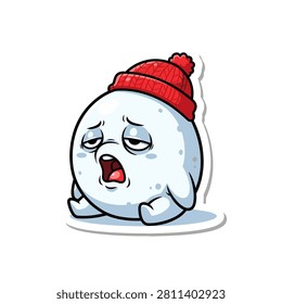 Cute tired snowball character illustration with a red knit hat, showing exhaustion and sleepiness on a white background