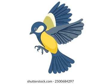 Cute tit bird. Cartoon animal design, stylized bird with blue and yellow feathers. Vector illustration isolated on white background.