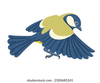 Cute tit bird in motion. Cartoon animal design, stylized bird with blue and yellow feathers. Vector illustration isolated on white background.