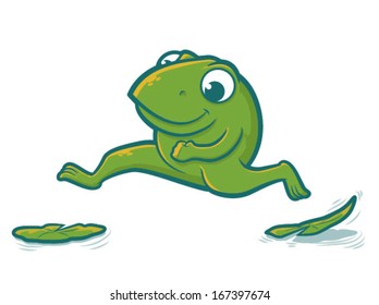 Cute Toad Character Hopping On Lily Pads/Leaping Frog Vector