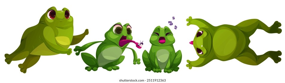 Cute toad frog character jump cartoon illustration. Green funny amphibian mascot catch bug with tongue. Childish comic element collection with hungry pose to snatch food. Sleeping animal baby clipart