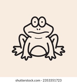 Cute Toad frog with funny scared face, big eyes and belly outline iconic vector line art