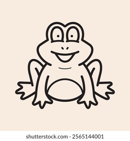 Cute toad frog icon with happy smiley, wide open mouth, big eyes and belly, large hind legs ready to jump. Full body toad character outline iconic vector line art