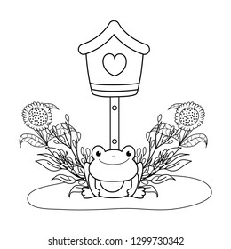 cute toad in the landscape with birdhouse