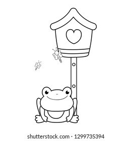 cute toad in the landscape with birdhouse