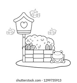 cute toad in the landscape with birdhouse