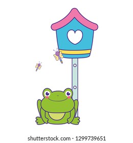 cute toad in the landscape with birdhouse