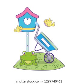 cute toad in the landscape with birdhouse