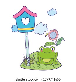 cute toad in the landscape with birdhouse