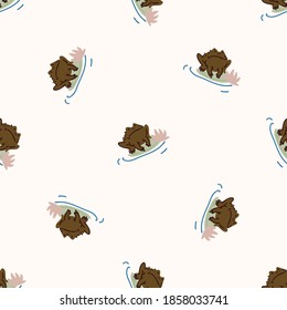 Cute toad on lily pad vector pattern. Wildlife amphibian home decor with cartoon lake frog. Seamless croaking fauna all over print. 