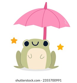 Cute toad under an umbrella. Vector illustration for banners, postcards, stickers, greetings, posters. Children's cute illustration isolated. Frog