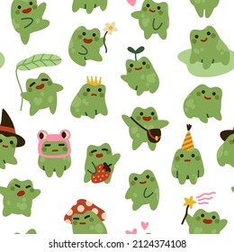 Cute toads or frogs. Seamless pattern. Cartoon flats tyle. Vector illustration.