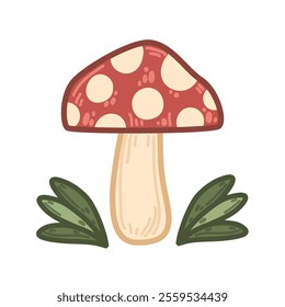 Cute toadstool mushroom with a red cap and dotted pattern, flanked by leaves. Vector illustration in simple cartoon style. Forest mushroom with bright red cap and creamy dots, framed by leafy accents