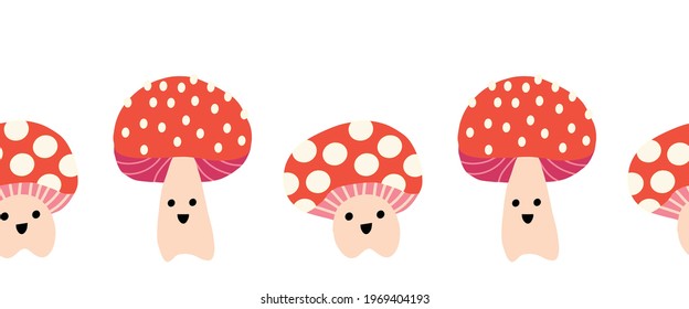 Cute toadstools seamless vector border. Horizontal repeating kids pattern mushroom fungi with smiling faces. Surface pattern design for fabric trim, kids, children decor, footer, card decor.