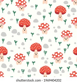 Cute toadstools seamless vector kids pattern repeat. Cute background mushroom fungi with smiling faces on green. Surface pattern design for fabric, wrapping, kid wear, children decor, wallpaper, baby