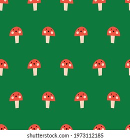 Cute toadstools seamless vector kids pattern repeat. Repeating background mushroom fungi with smiling faces on green. Surface design for fabric, wrapping, kids wear, children decor, baby nursery.