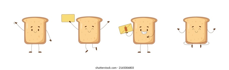 
Cute toast bread character in cartoon style. Set of emotions and poses. Cartoon toast bread. Stock vector illustration.