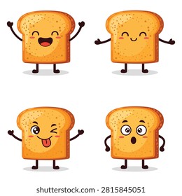 Cute toast bread character collection featuring cheerful facial expressions isolated on white background colorful vector illustration ideal for bakery branding breakfast menus stickers children and creative projects.