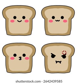 Cute Toast Bread with Funny Facial Expressions – Kawaii Vector Set. Perfect for stickers, digital planners, kids' products, and kawaii-themed designs.