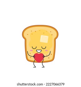 Cute toast character cartoon butter love heart smile face cheerful kawaii joy happy emotions symbol breakfast icon vector illustration.