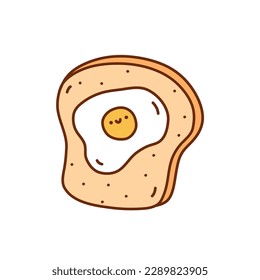 Cute toast with fried egg isolated on white background. Vector hand-drawn illustration in kawaii doodle style. Perfect for various designs, cards, decorations, logo, menu, recipes.