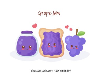Cute toast, grape jam jar and happy berries. Vector cartoon food illustration isolated on white background. Kawaii grapes dessert, breakfast, menu, fabric print, greeting card. Adorable kawaii food.