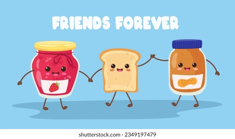 Cute toast. Happy peanut butter and jelly jam jars with sandwich bread together, forever friendship and perfect match vector illustration of happy, together delicious