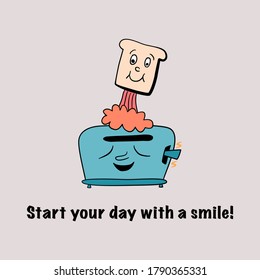 Cute toast jumping from a happy toaster. Start your day with a smile! Funny good morning doodle. Hand drawn illustration.