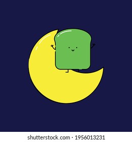 Cute toast on crescent moon Illustration. junk food. fast food. modern simple food vector icon, flat graphic symbol in trendy flat design style. wallpaper. lockscreen. pattern. frame. children.