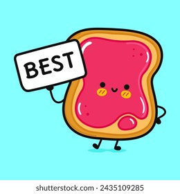 Cute Toast piece of bread with jam with poster best. Vector hand drawn cartoon kawaii character illustration icon. Isolated on blue background. Toast piece of bread with jam think concept