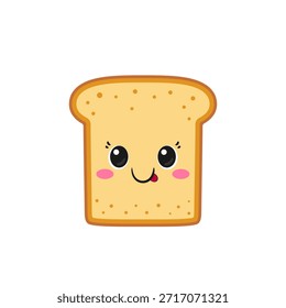 Tostada linda, pan en rodajas, dibujos animados de personajes divertidos, ojos grandes, cara sonriente feliz, estilo kawaii, símbolo del desayuno, Ilustración vectorial plana.