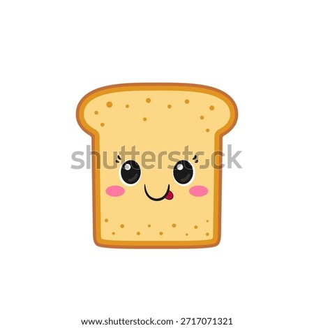 Cute toast, sliced bread, fun character cartoon, big eyes, happy smiling face, kawaii style, breakfast symbol, flat vector illustration.