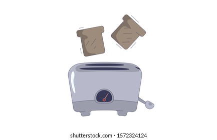cute toaster, throw the toast up. vector morning flat illustration in vintage style. use for cafes, eateries, prints or design of postcards and websites. enjoy your meal