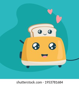 Cute toaster and toasts. Kawaii breakfast. Funny characters of bread and toaster on colorful background. Vector illustration.