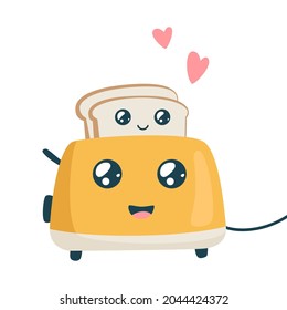 Cute toaster and toasts. Kawaii breakfast. Funny character of toaster with bread on isolated background. Vector illustration.