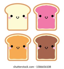 Cute toasts with chocolate, jam and peanut butter. In kawaii style with smiling face and pink cheeks. Cute cartoon toast for design, art work, design cards and web pages. Vector illustration