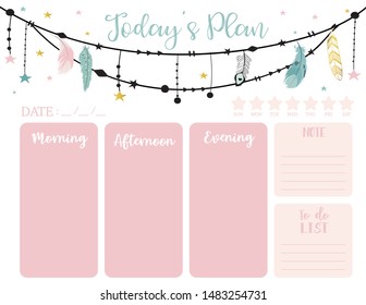 cute today plan background with feather,boho.Vector illustration for kid and baby.Editable element