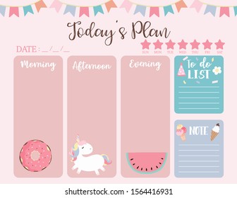 cute today plan background with unicorn,donut,watermelon.Vector illustration for kid and baby.Editable element