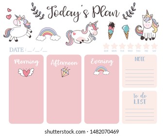 cute today plan background with unicorn,rainbow,ice cream,cloud.Vector illustration for kid and baby.Editable element