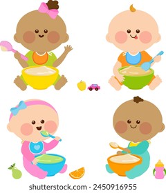 Cute toddler baby boys and girls eating baby food cereal and pureed fruits and vegetables. Diverse group of baby boys and girls having breakfast of porridge, cereal and fruits. Vector illustration