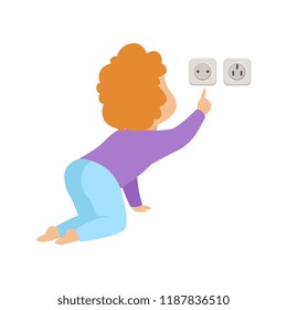 Cute toddler baby touching an electrical socket, kid in dangerous situation vector Illustration on a white background