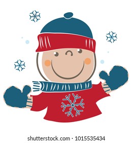 Cute toddler boy ready for winter sports cartoon character vector illustration.