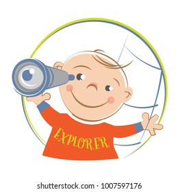 Cute toddler boy watching through the spyglass. Cartoon character vector illustration. Can be used for logo design, t shirt print, birthday party invitation card.