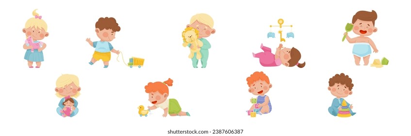 Cute Toddler Children Playing With Different Toys Vector Set