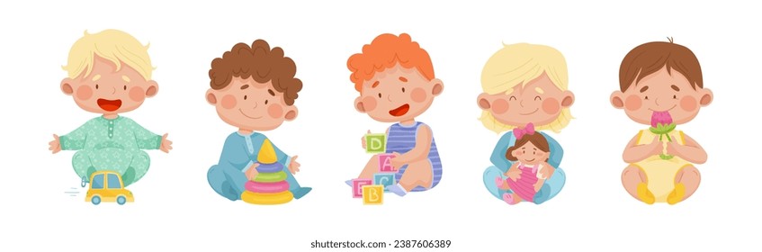 Cute Toddler Children Playing With Different Toys Vector Set