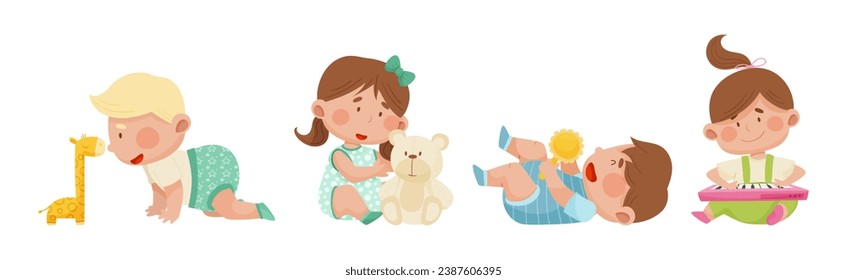 Cute Toddler Children Playing With Different Toys Vector Set